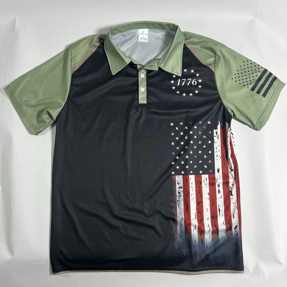 Men's L Regular Polo Shirt Black/Green S/S Polyester 1776 Flag Graphic Button
